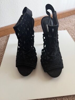 Steve Madden Black Cutout Suede Open-Toe Heeled Sandals - Women